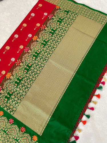 Banarasi Katan Silk thread work saree | Kadwa weave |  Kadiyal Border | Red | Handwoven | Silk Mark | Ships from California